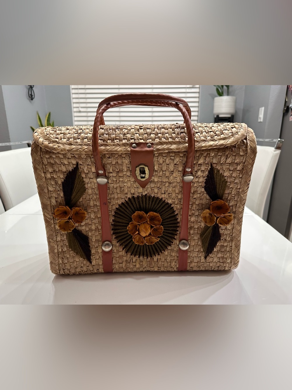 Vintage 70s Mexican Straw Woven Basket Purse Floral Raffia Boho Box Bag - Picture 1 of 15